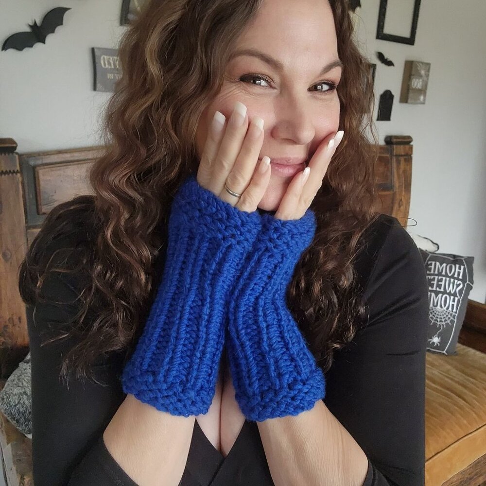 Hand Knit Fingerless Gloves, Armwarmers in Blue Yarn, Womens "Sapphire Sky" - Picture 10 of 11